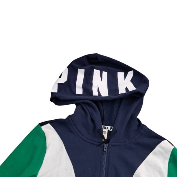 Pink Victoria's Secret Blue Green White ColorBlock Zip Hoodie Top Large - Picture 2 of 10